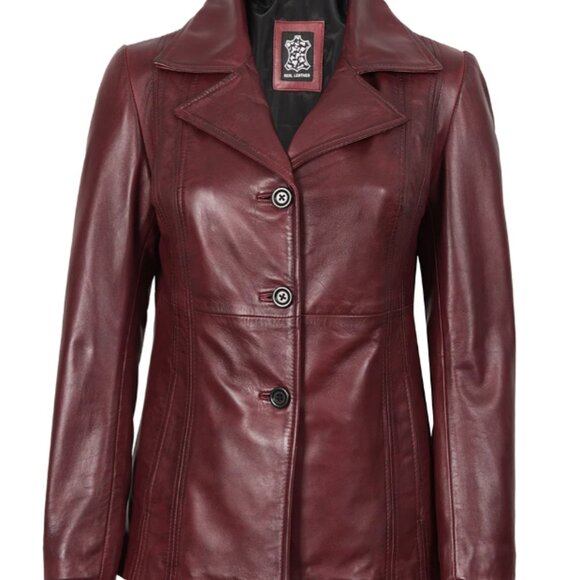 Womens Three Button Burgundy NEW Leather Blazer Sz M - Picture 2 of 10